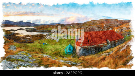 L'aquarelle d'un Quidnish à croft abandonnés sur la route d'or sur l'île de Harris dans les îles occidentales de l'Écosse Banque D'Images