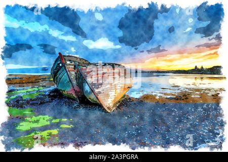 L'aquarelle d'un lever de soleil sur l'orageux bateaux de pêche abandonnés à Salen sur l'île de Mull en Ecosse Banque D'Images