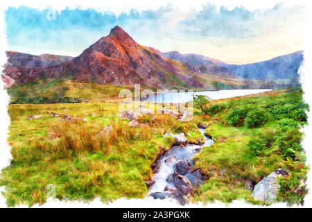 Peinture de lumière du soir sur le mont Tryfan Llyn Ogwen ci-dessus dans le parc national de Snowdonia au Pays de Galles Banque D'Images