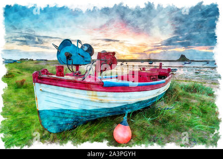 L'aquarelle du lever du soleil sur un vieux bateau de pêche à Lindisfarne Harbour sur la côte de Northumerland Banque D'Images