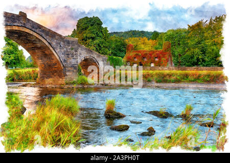 L'aquarelle d'un lever de soleil sur l'automne Pont Fawr pont traversant la rivière Conwy à Conwy dans le Nord du Pays de Galles Banque D'Images