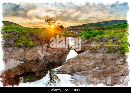 Peinture de coucher du soleil à Pont Ar Elan Elan dans la vallée dans la région de Mid Wales Banque D'Images