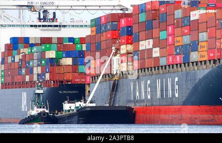 Oakland, CA - 15 Février 2019 : POINT DE REMORQUEUR FERMIN avec une barge jusqu'à côté d'un cargo YM UNISON, fournissant des services maritimes tandis que le navire de charge Banque D'Images