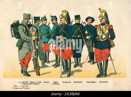 Les uniformes de l'armée française sur le terrain. De gauche à droite. 1. Infantry (bouchon rouge avec couvercle bleu-gris) et 2. Jager à pied en manteau bleu-gris. 3 Banque D'Images