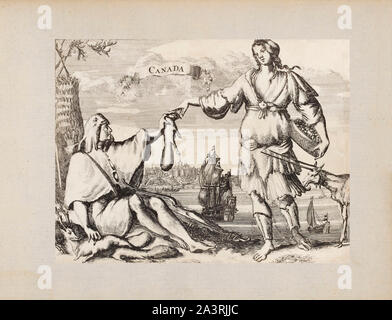 Gravure d'e 17e siècle illustre de façon allégorique le territoire et le peuple du Nouveau Monde. Canada Banque D'Images