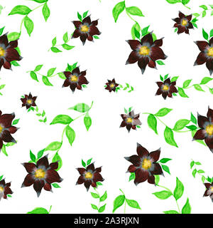 Ensemble de fleurs peintes en rouge avec des feuilles vertes, motif floral isolés Banque D'Images