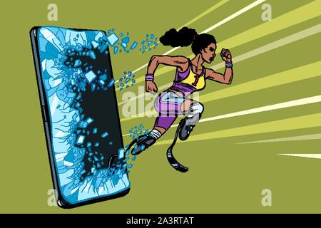 African woman runner avec une prothèse de jambe handicapée gadget Téléphone smartphone. Internet en ligne Programme de service d'application. Pop art retro vector illustrat Illustration de Vecteur