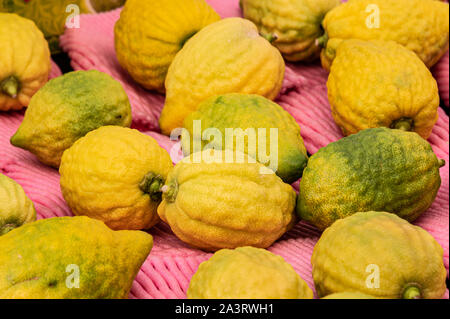 Jérusalem, Israël / 10 OCT 2019 : Citrons, la pièce maîtresse des fruits de quatre espèces de la fête de Souccot, à vendre à Jérusalem's Machane Yehuda ou Banque D'Images