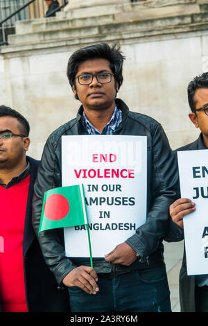 Londres, Royaume-Uni. 9 octobre 2019. La demande des étudiants du Bangladesh à la fin de la violence sur le campus des universités au Bangladesh. Ils veulent une interdiction de la Bangladesh Chhatra Ligue, l'aile étudiante de la Ligue Awami, le parti de Premier Ministre du Bangladesh Sheikh Hasina, suite au passage à tabac à la mort d'un élève Abrar Fahad par BCL dirigeants au Bangladesh University of Engineering and Technology le 7 Oct 2019. Crédit : Peter Marshall/Alamy Live News Banque D'Images