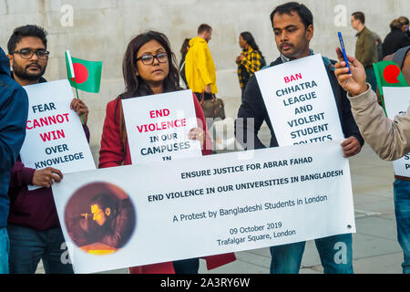 Londres, Royaume-Uni. 9 octobre 2019. La demande des étudiants du Bangladesh à la fin de la violence sur le campus des universités au Bangladesh. Ils veulent une interdiction de la Bangladesh Chhatra Ligue, l'aile étudiante de la Ligue Awami, le parti de Premier Ministre du Bangladesh Sheikh Hasina, suite au passage à tabac à la mort d'un élève Abrar Fahad par BCL dirigeants au Bangladesh University of Engineering and Technology le 7 Oct 2019. Crédit : Peter Marshall/Alamy Live News Banque D'Images