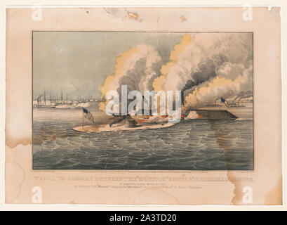 Combat terrible entre le moniteur et les armes à feu 2 armes : Merrimac 11 à Hampton Roads 9 Mars, 1862. Banque D'Images