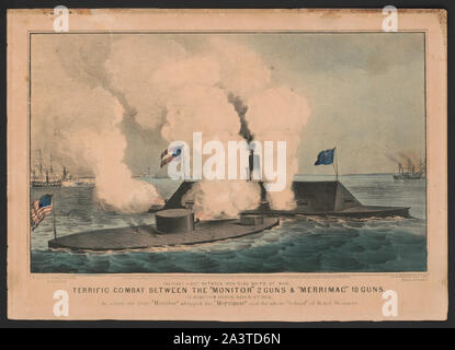 Combat terrible entre le moniteur et les armes à feu 2 armes 10 Merrimac Le premier combat entre navires de fer vêtu de la guerre, à Hampton Roads, le 9 mars 1862, dans laquelle le petit surveiller la fouettée Merrimac et toute l'école de vapeur rebelle. Banque D'Images