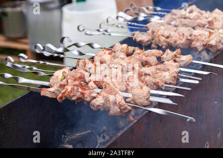 Kebab grillés cuisson sur metal brochette. La viande rôtie cuite à barbecue. Hacher la viande de boeuf fraîche barbecue tranches. Plat traditionnel de l'Est, shish kebab. Grill au charbon de bois et des flammes, pique-nique, de l'alimentation de rue Banque D'Images