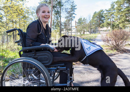 Jeune femme handicapée dans un fauteuil roulant avec un chien-guide Banque D'Images