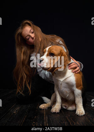 Une jeune fille rousse de 10 ans joue avec un chiot beagle assis sur un parquet en bois sombre en face d'un fond noir. Banque D'Images