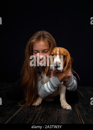 Une jeune fille rousse de 10 ans joue avec un chiot beagle assis sur un parquet en bois sombre en face d'un fond noir. Banque D'Images