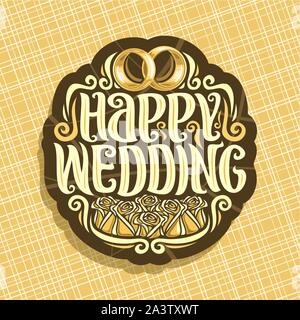 Logo Vector pour Mariage, cut signe avec paire de bagues de fiançailles brillant d'or, calligraphie originale font de texte d'accueil happy wedding, bouqu Illustration de Vecteur