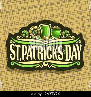 Logo Vector pour Saint Patricks Day vintage, couper le papier signer avec feuilles shamrock, étiquette avec titre st. Patrick's day, symbole de la chance, le golden horseshoe Illustration de Vecteur