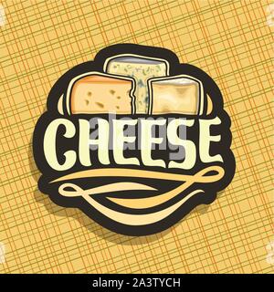 Logo vector pour le fromage, de l'étiquette tranches de maasdam néerlandais avec des trous, roquefort français avec le moule et les délicieux fromages parmesan, pinceau original Illustration de Vecteur