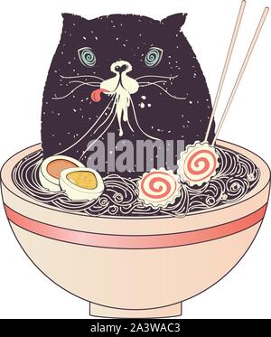 Cute halloween chat noir assis sur le bol de nouilles ramen, manger de la soupe. Illustration de Vecteur