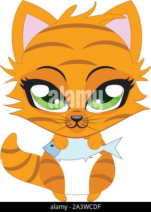 Cartoon illustration de cute cartoon petit chaton rouge détient le poisson. Illustration de Vecteur
