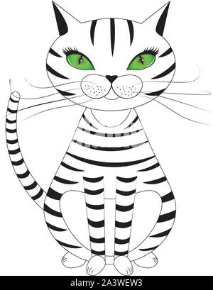 Cartoon chat rayé en noir et blanc avec des yeux verts. Illustration de Vecteur