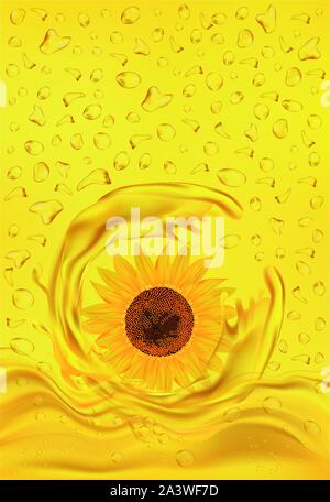 L'huile de tournesol. Fleur 3D réaliste. Tournesol sur fond jaune. Les éclaboussures et les gouttes d'or. Vector illustration Illustration de Vecteur