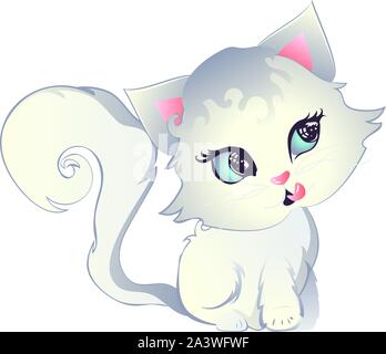 Mignon chaton Angora turc blanc aux yeux bleus, cartoon illustration. Illustration de Vecteur