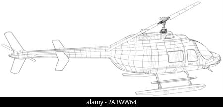 Hélicoptère en contours style. Illustration de la représentation filaire créé 3d. Illustration de Vecteur