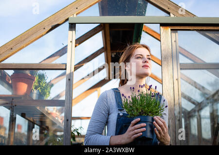 Les jeunes femelles adultes holding plant par émissions de Banque D'Images