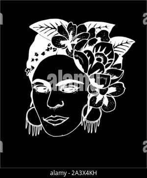 Illustration noir et blanc FRIDA KHALO. Illustration de fleurs et femme artistique. La craie sur un tableau noir. Illustration de Vecteur
