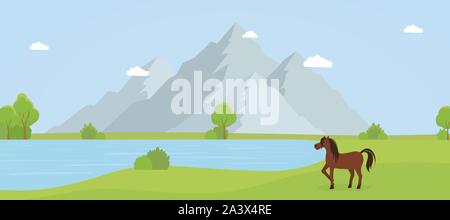 Réserve naturelle sauvage télévision vector illustration. Une campagne magnifique paysage, panorama pittoresque avec montagnes, lac et brumby. Horse farm, parc national, étalon de race mare, sur les pâturages Illustration de Vecteur