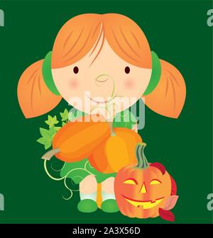 Cartoon girl in green dress, holding pumpkins dans ses mains. Vecteur octobre orange et vert illustration Illustration de Vecteur