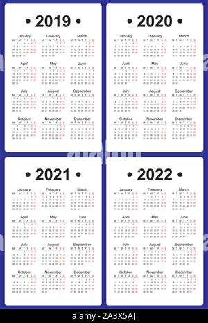 Ensemble de 4 modèles de calendrier, d'anglais, lundi en premier. 2019, 2020, 2021, 2022 Année vector Illustration de Vecteur