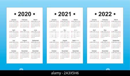 Ensemble de 3 modèles de calendrier, l'apprentissage de l'anglais,2020, 2021, 2022 Année vector Illustration de Vecteur