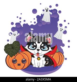 Caricature d'usure Husky Sibérien, manteau de vampire Halloween cute dog. Illustration de Vecteur