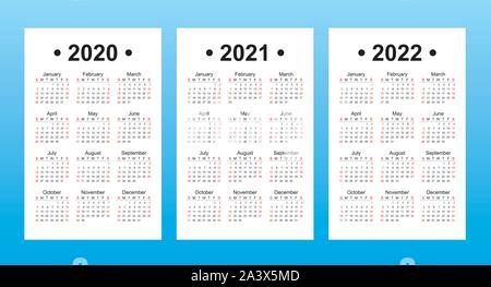 Ensemble de 3 modèles de calendrier, l'apprentissage de l'anglais,2020, 2021, 2022 Année vector Illustration de Vecteur