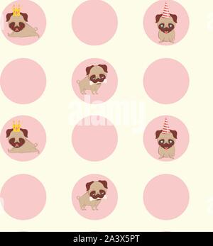 Kawaii Cartoon avec pug partie des accessoires dans différentes poses. Illustration de Vecteur