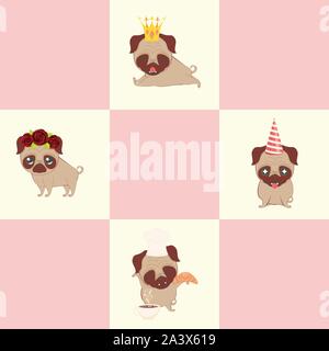 Kawaii Cartoon avec pug partie des accessoires dans différentes poses. Illustration de Vecteur