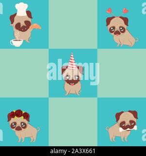 Kawaii Cartoon avec pug partie des accessoires dans différentes poses. Illustration de Vecteur