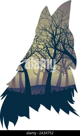 Silhouette de la wolf howling forest nuit avec l'abstraction. Illustration de Vecteur