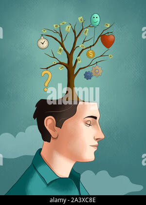 Arbre qui pousse à partir d'un jeune homme, la tête avec les différentes pensées de chaque direction générale. Illustration numérique. Banque D'Images