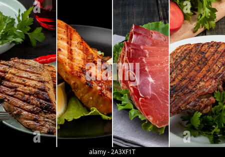 Une collection de plats de viande froide et chaude. Contient du porc, du poulet et du poisson. Banque D'Images