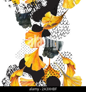 Aquarelle abstraite motif transparent en couleurs de l'automne. Dessin de feuilles de ginkgo, encre doodle, grunge, de l'eau papier couleur des textures. Floral background pour Banque D'Images