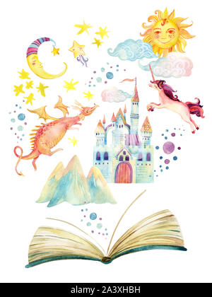 Aquarelle livre ouvert avec magic world isolé sur fond blanc. L'ensemble de la fable dans le livre : étoiles, lune, soleil, Magic Castle, dragon, licorne. Han Banque D'Images