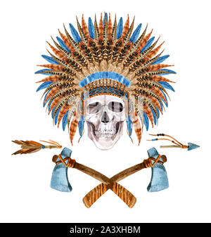 Native American coiffure. War bonnet à plumes avec tête de mort. Crâne d'aquarelle dans la région de war bonnet. Illustration peinte à la main Banque D'Images