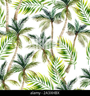 Les feuilles de palmier et d'Aquarelle modèle homogène. Arrière-plan de palmiers tropicaux. Illustration peinte à la main, art de la nature Banque D'Images