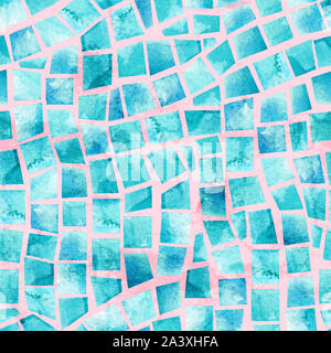 Aquarelle de transparente piscine mosaïque. Arrière-plan de la mosaïque artistique. Illustration peinte à la main de formes géométriques turquoise avec de l'eau coule Banque D'Images