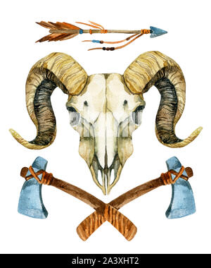 Crâne de Ram. Crâne de mouton avec tomahawk et flèche isolé sur fond blanc. Illustration peinte à la main Banque D'Images