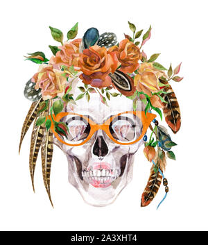 Aquarelle crâne humain dans des verres et gerbe de fleurs et de plumes de la tête d'enrubannage. Illustration portrait peint main hipster isolé sur blanc Banque D'Images